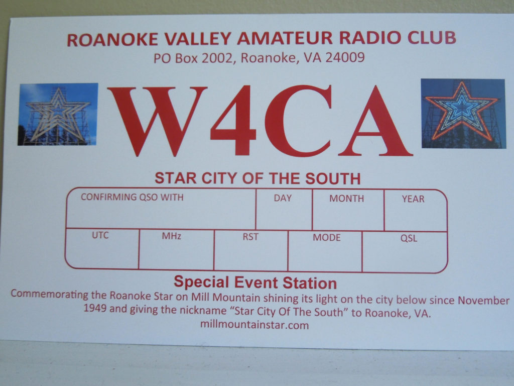 W4CA Roanoke Star Special Event QSL card